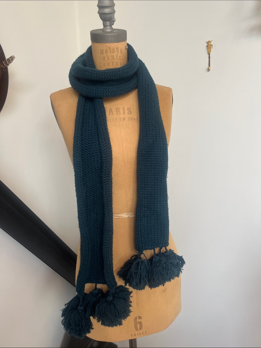 Holt Renfrew Teal Knit Scarf with Pom-Pom Tassels